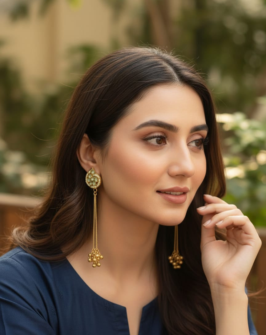 Kashmiri Kundan Jhumka Drop Earrings with Mint Green Stone & Golden Ghungroo Tassels