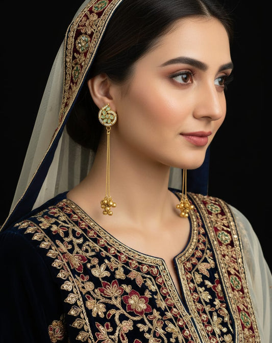 Kashmiri Kundan Jhumka Drop Earrings with Mint Green Stone & Golden Ghungroo Tassels