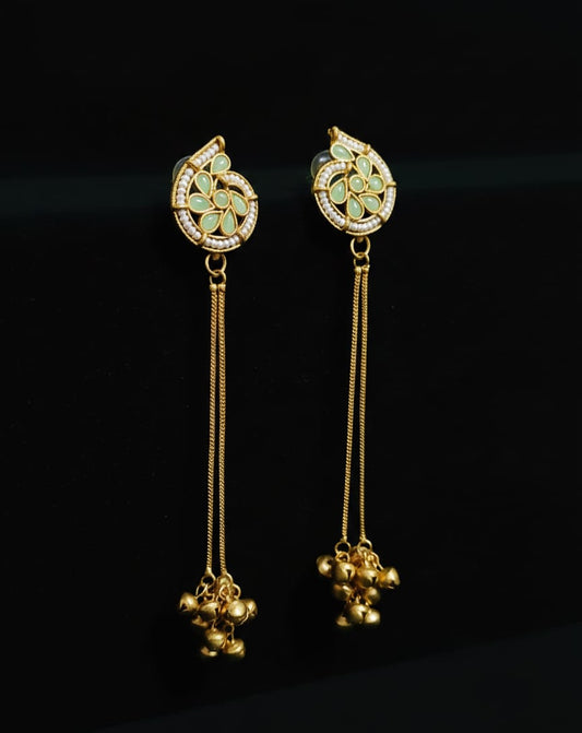 Kashmiri Kundan Jhumka Drop Earrings with Mint Green Stone & Golden Ghungroo Tassels