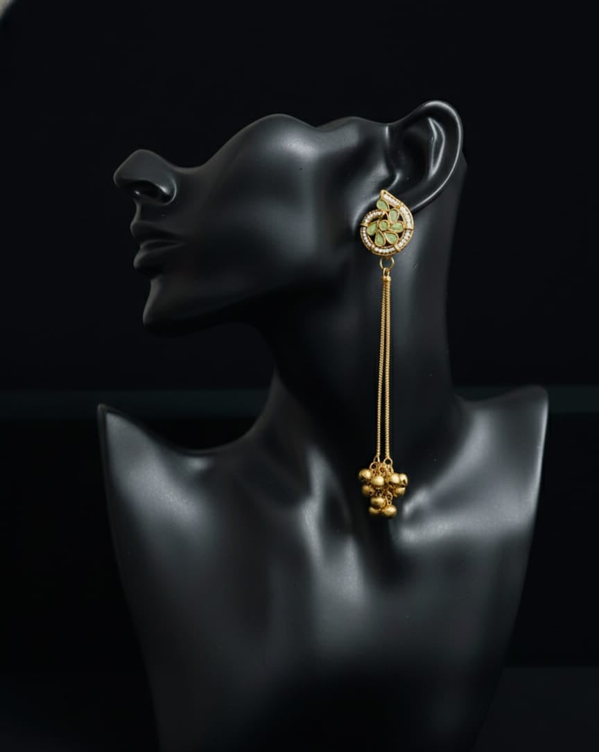 Kashmiri Kundan Jhumka Drop Earrings with Mint Green Stone & Golden Ghungroo Tassels