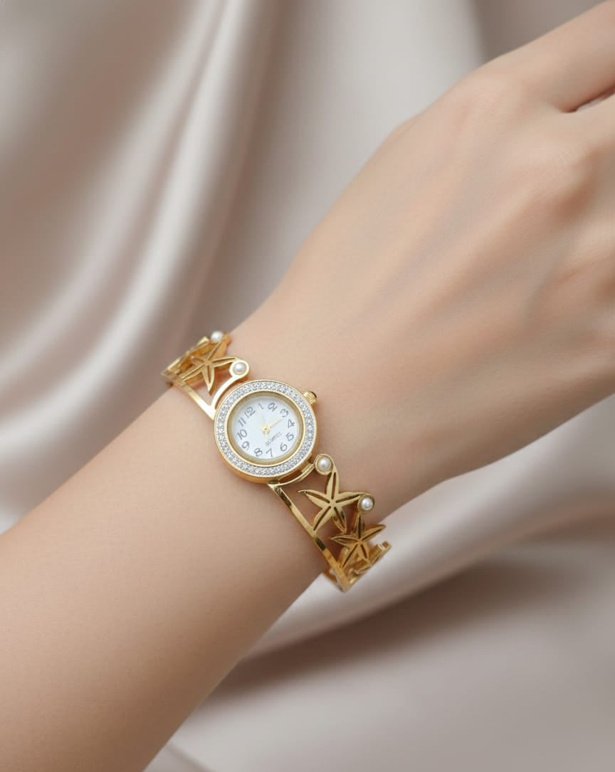 Anti-Tarnish Gold Bracelet Watch with Pearl Accents