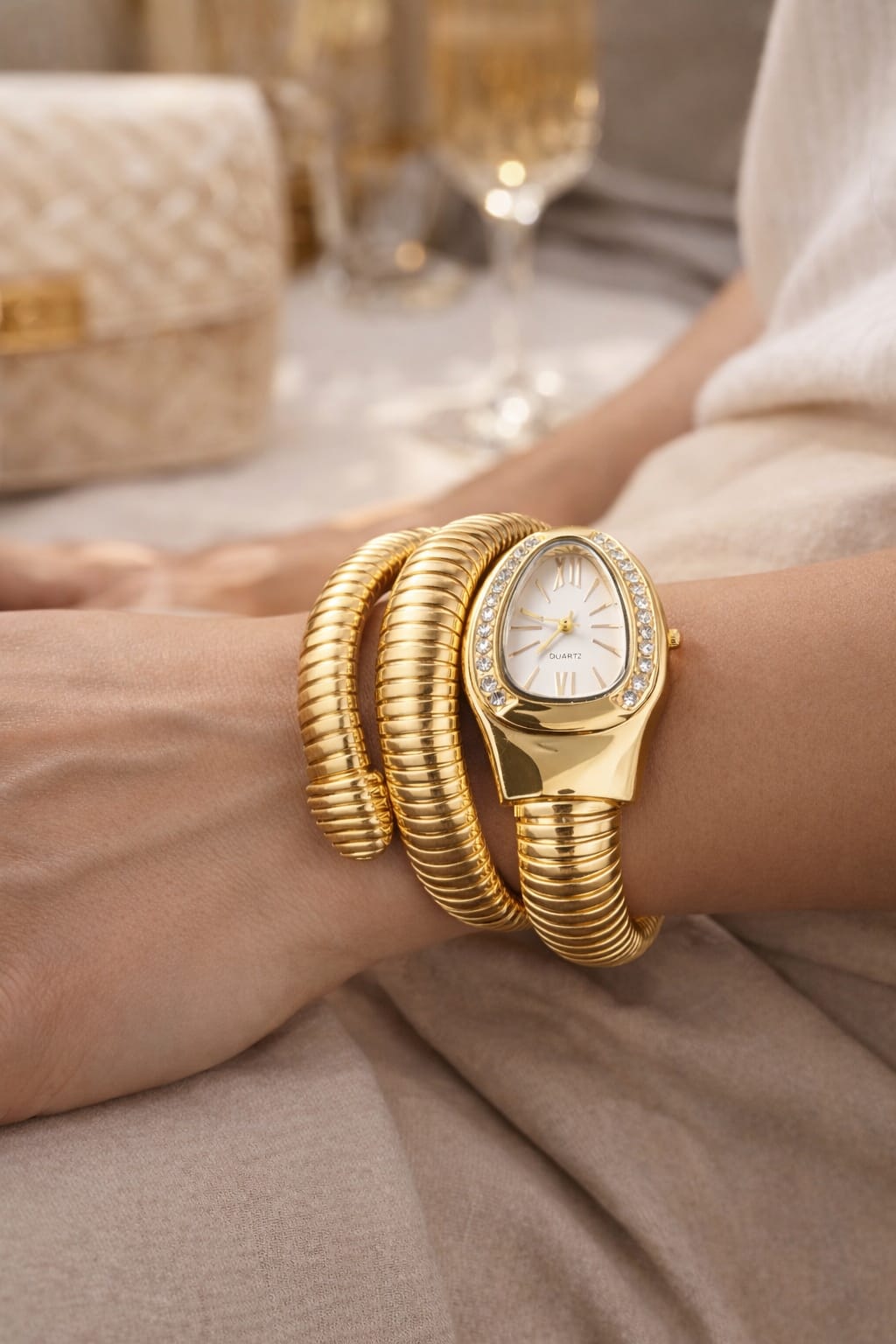 Gold Snake Bracelet Watch with White Dial