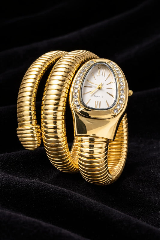 Gold Snake Bracelet Watch with White Dial