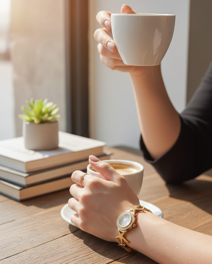 Adjustable Anti-Tarnish Gold Bracelet Watch with Star Designed Strap
