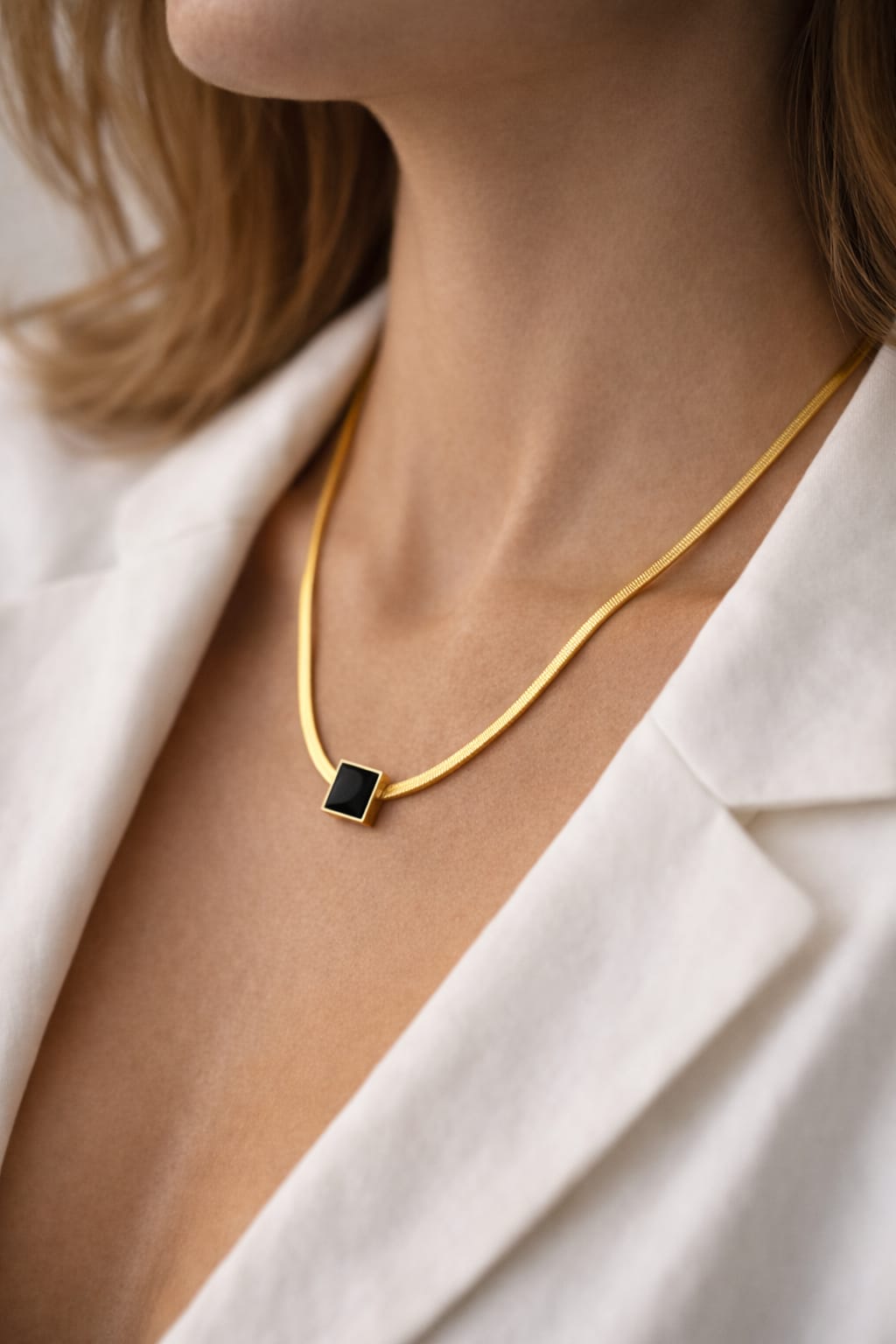 Anti-Tarnish Gold Snake Chain Necklace with Black Square Pendant