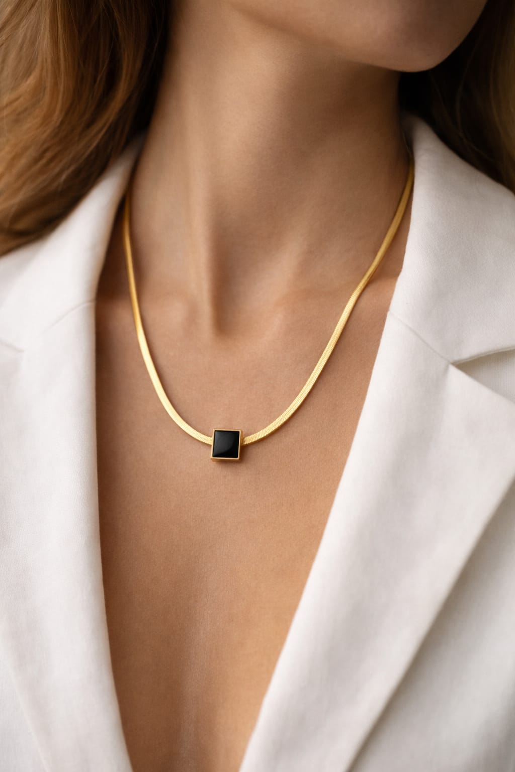 Anti-Tarnish Gold Snake Chain Necklace with Black Square Pendant