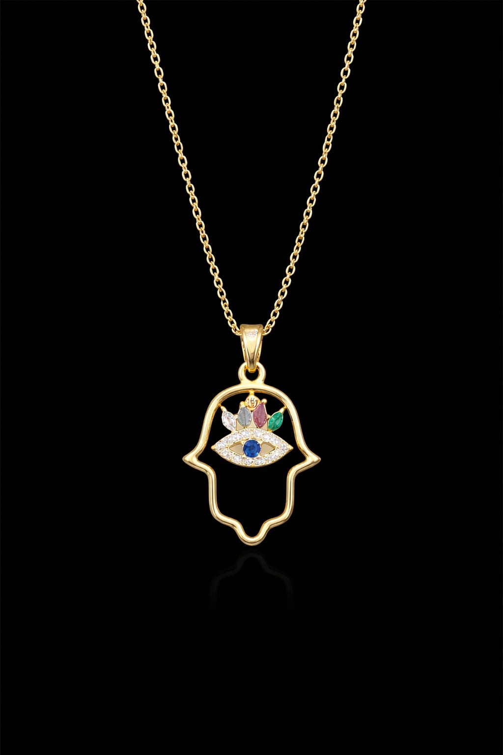 Anti-Tarnish Gold Hamsa Hand Evil Eye Necklace with Multicolor Stones