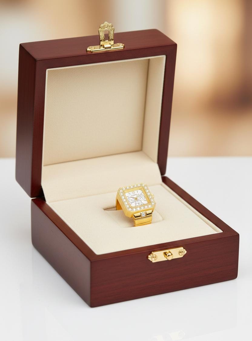 Luxury Gold Adjustable Ring Watch with Crystal Bezel – Square Dial Finger Watch