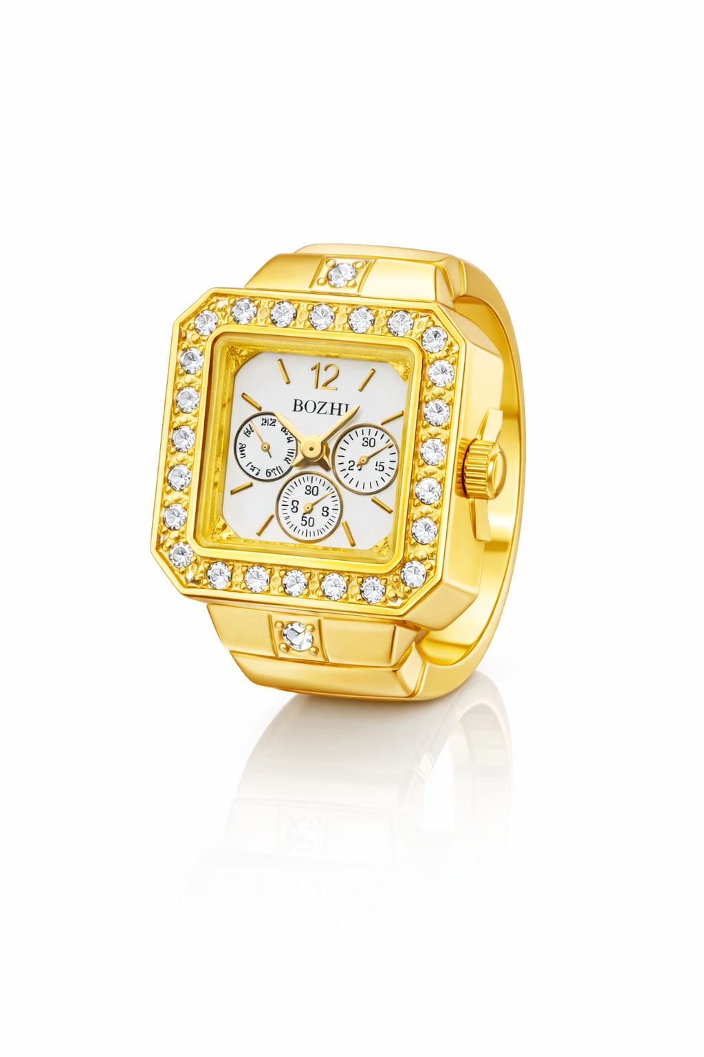 Luxury Gold Adjustable Ring Watch with Crystal Bezel – Square Dial Finger Watch