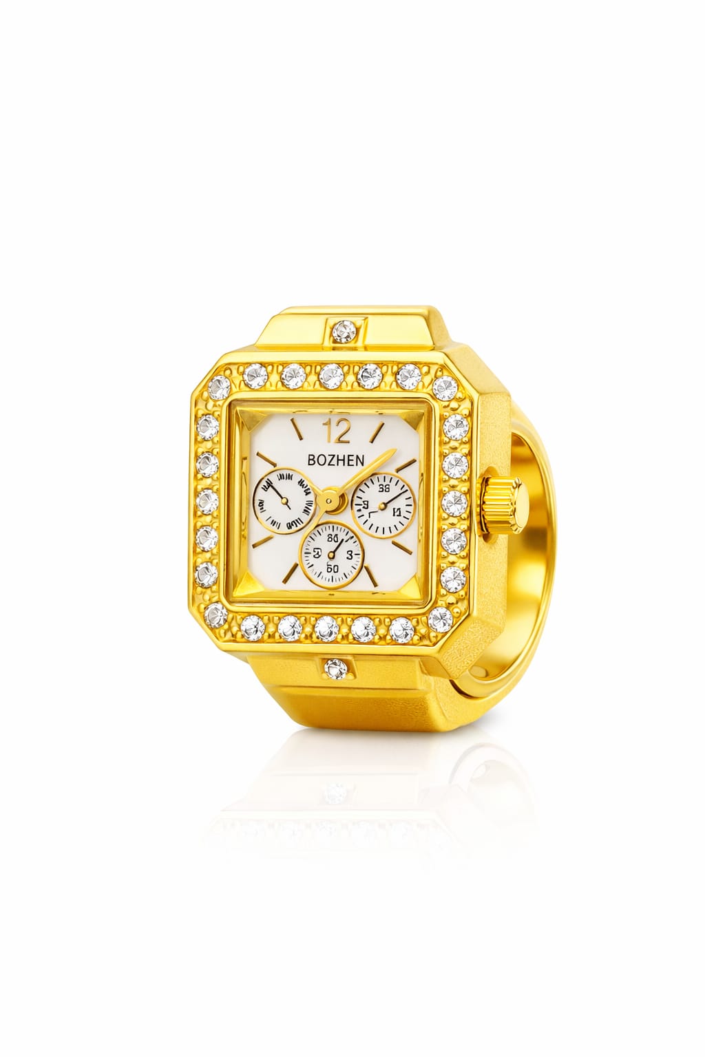 Luxury Gold Adjustable Ring Watch with Crystal Bezel – Square Dial Finger Watch