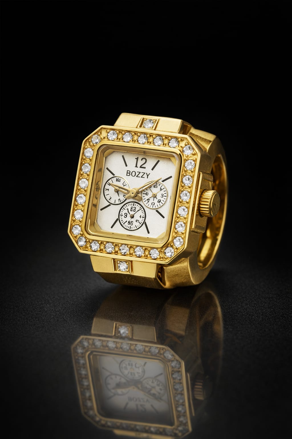 Luxury Gold Adjustable Ring Watch with Crystal Bezel – Square Dial Finger Watch