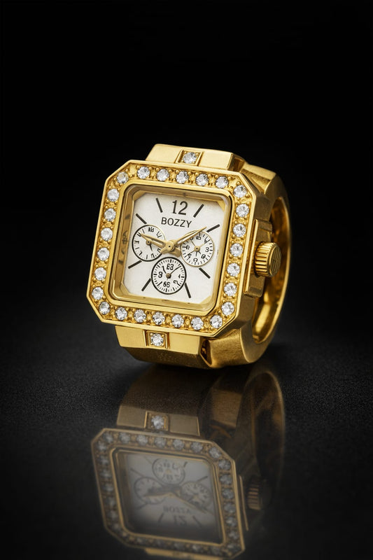 Luxury Gold Adjustable Ring Watch with Crystal Bezel – Square Dial Finger Watch