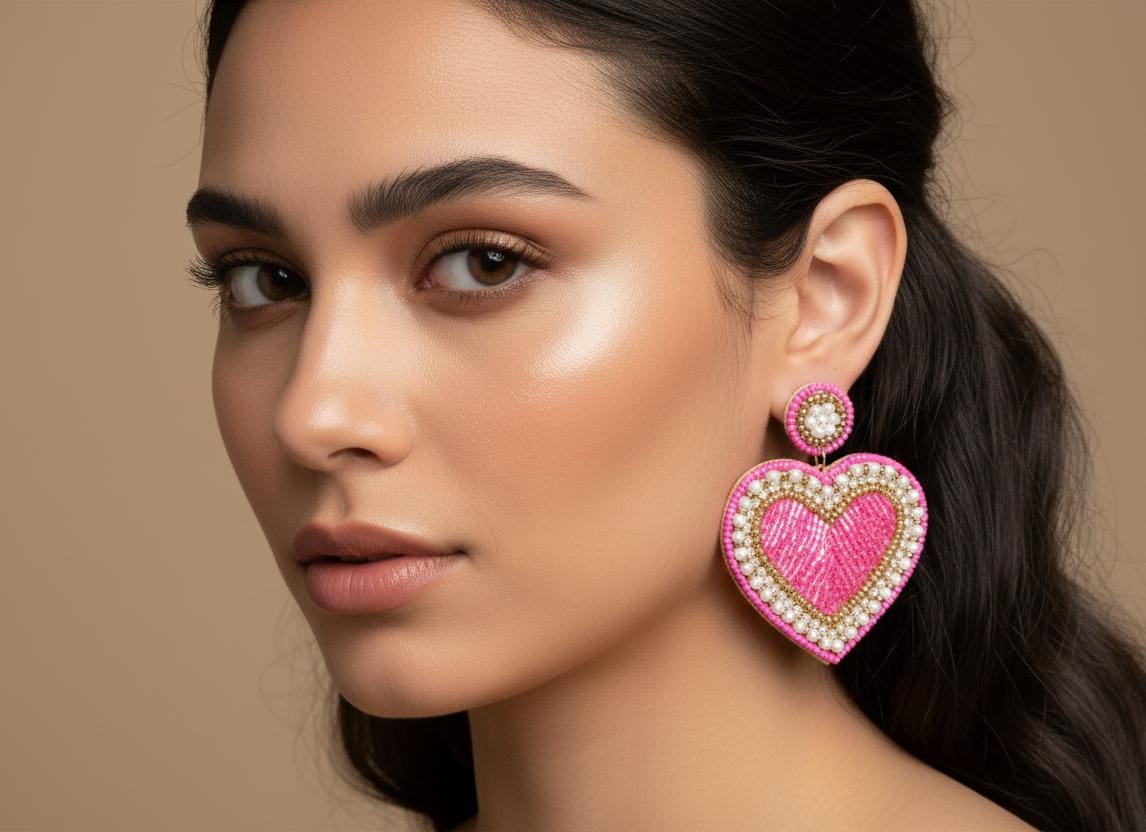 Handmade Pink Beaded Heart Earrings