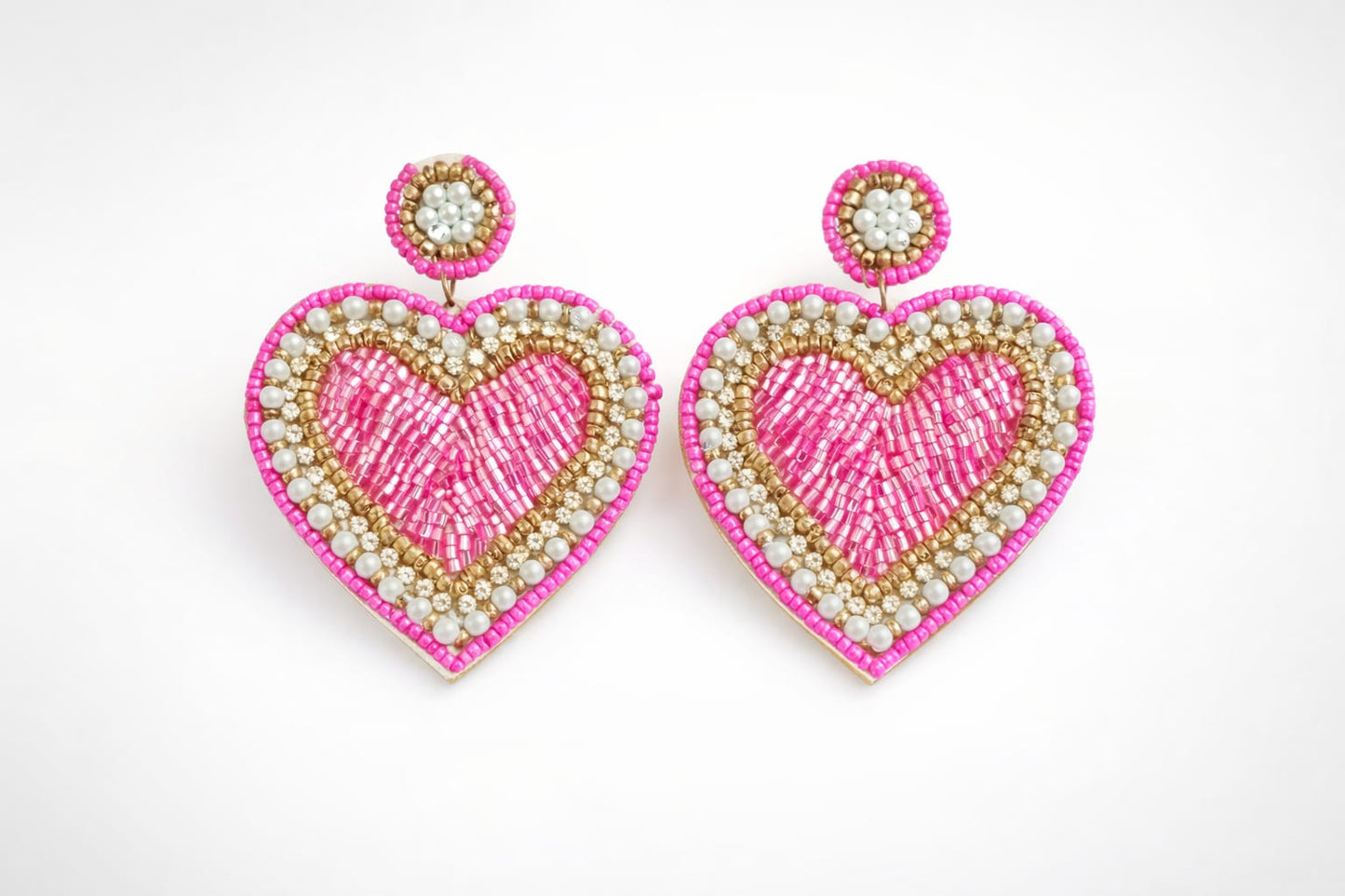 Handmade Pink Beaded Heart Earrings
