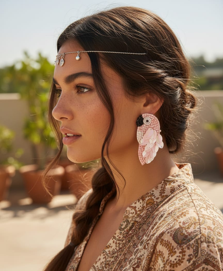 Handmade Pink Beaded Bird Earrings