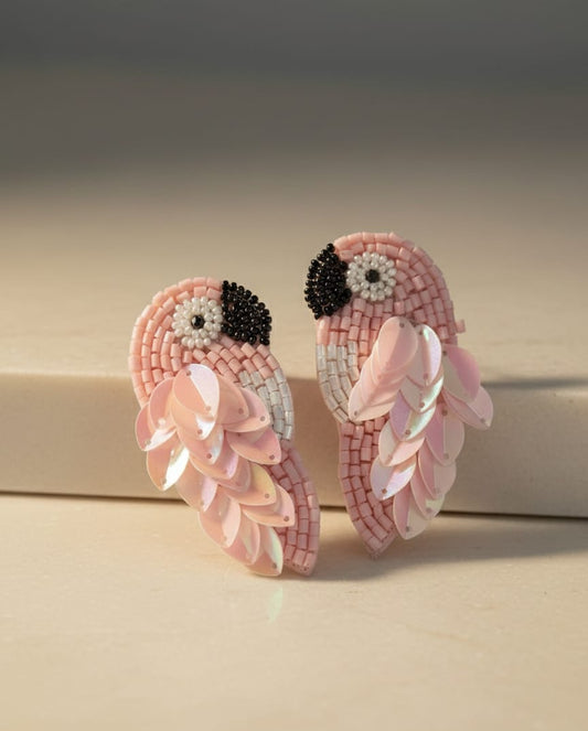 Handmade Pink Beaded Bird Earrings