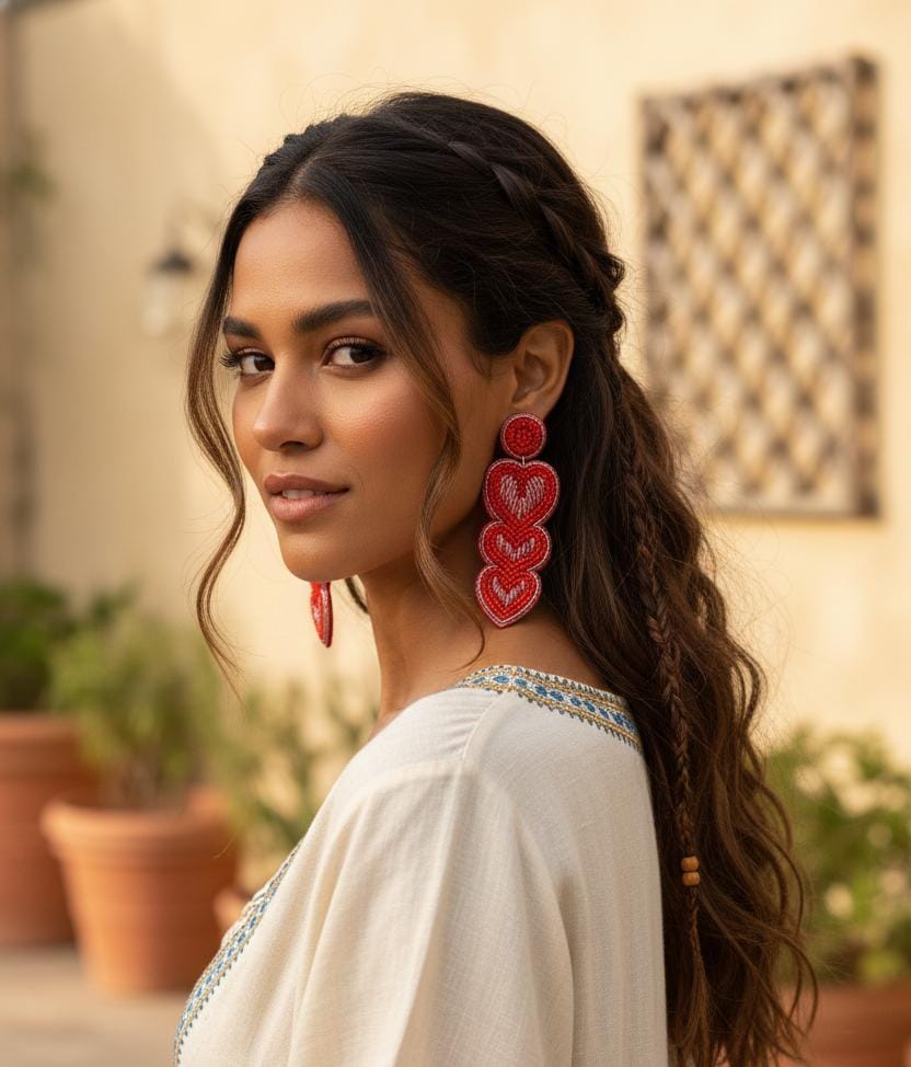 Handmade Red Beaded Heart Drop Earrings