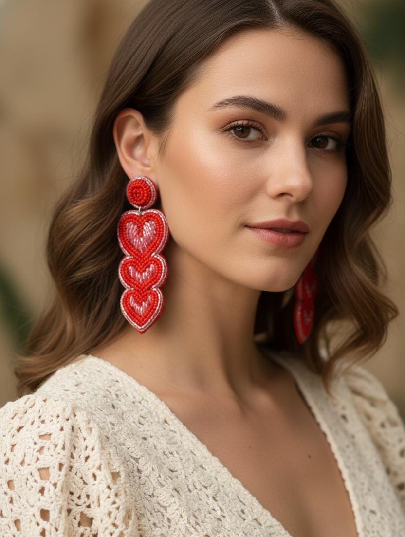 Handmade Red Beaded Heart Drop Earrings