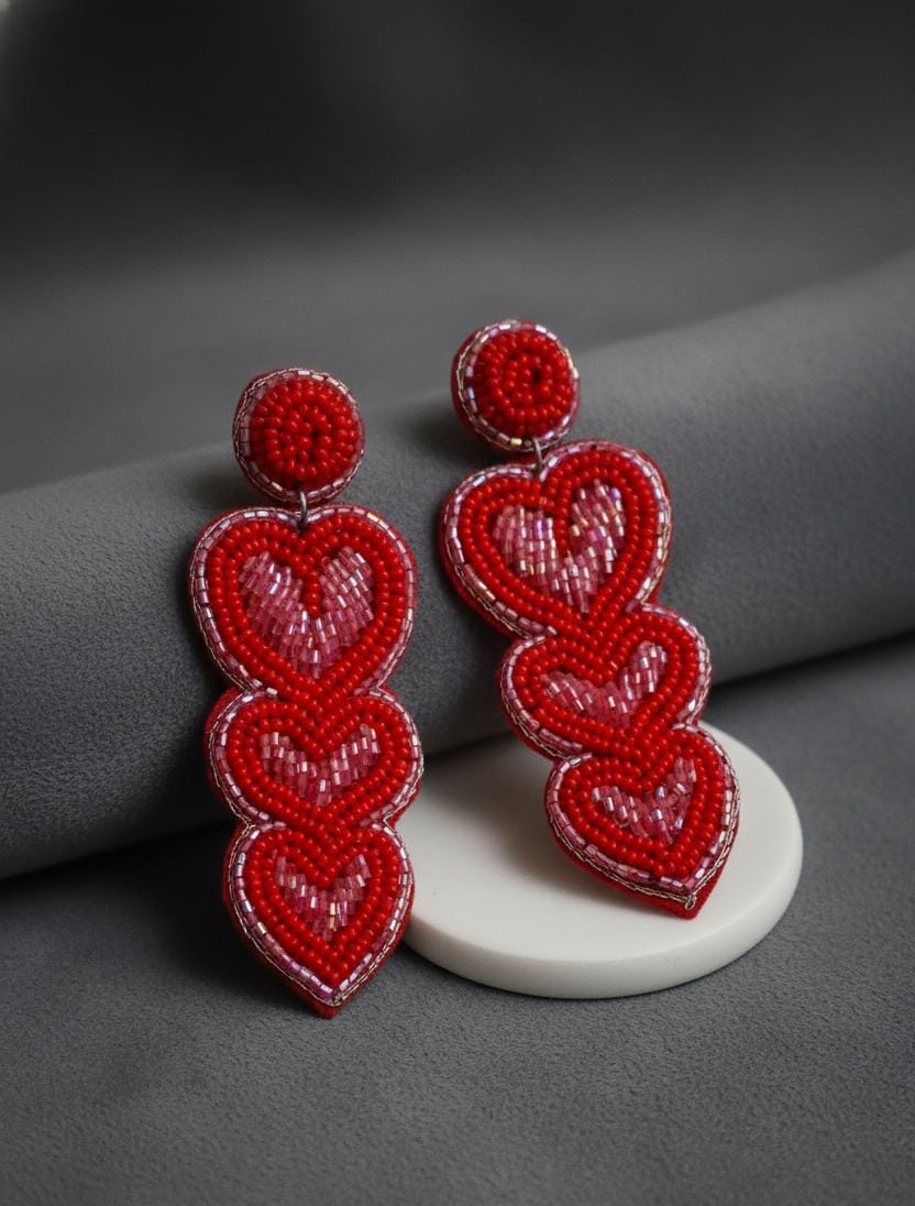 Handmade Red Beaded Heart Drop Earrings