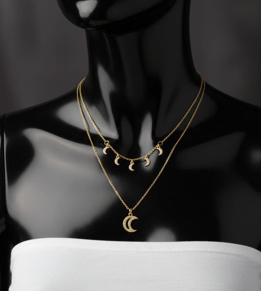 Gold Finish Layered Crescent Moon Necklace