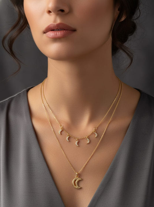 Gold Finish Layered Crescent Moon Necklace