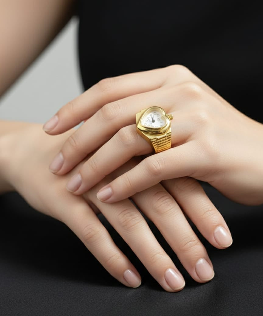 Gold Finish Heart Dial Ring Watch