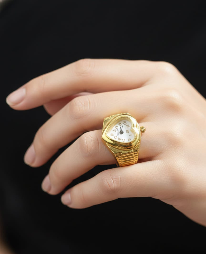 Gold Finish Heart Dial Ring Watch