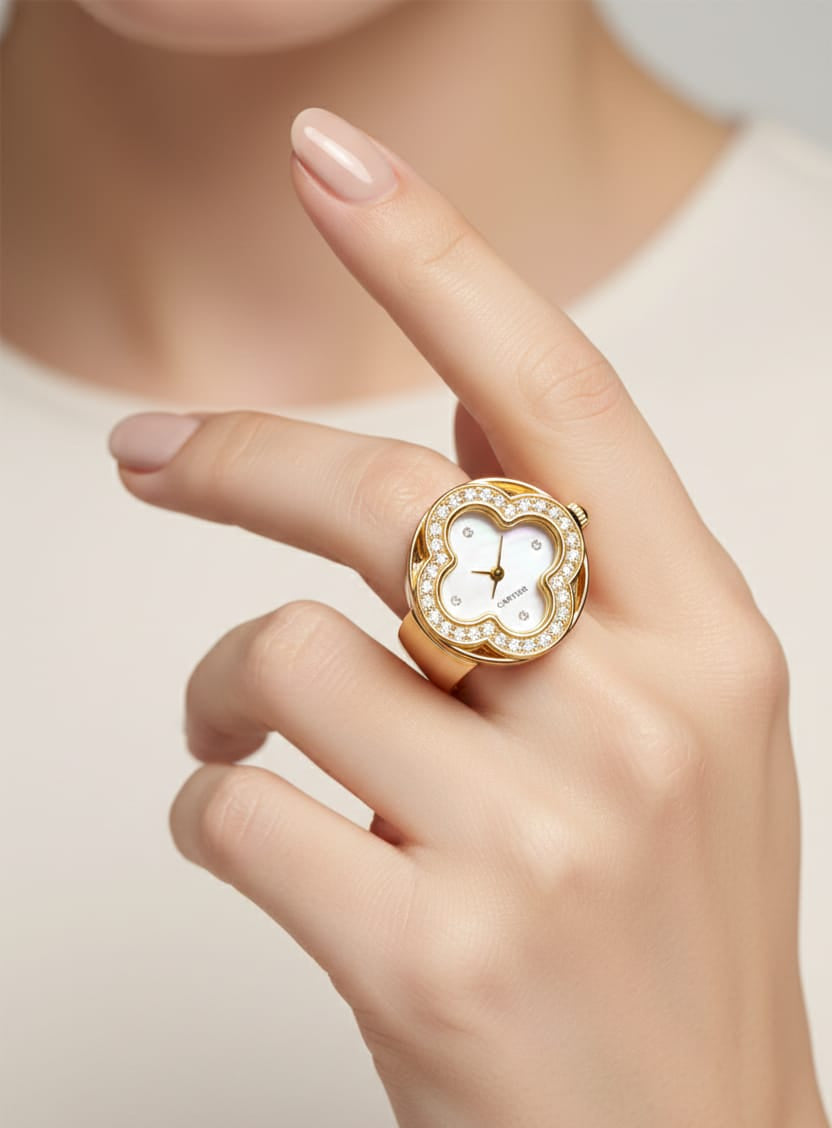 Gold Finish Crystal Dial Ring Watch