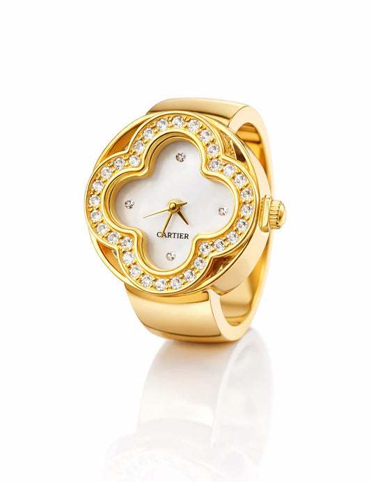 Gold Finish Crystal Dial Ring Watch