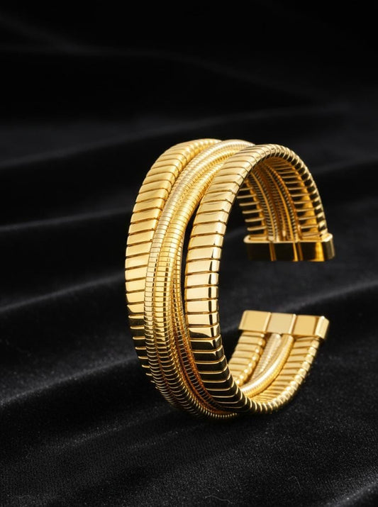 Ribbed Gold Finish Anti-Tarnish Cuff Bracelet