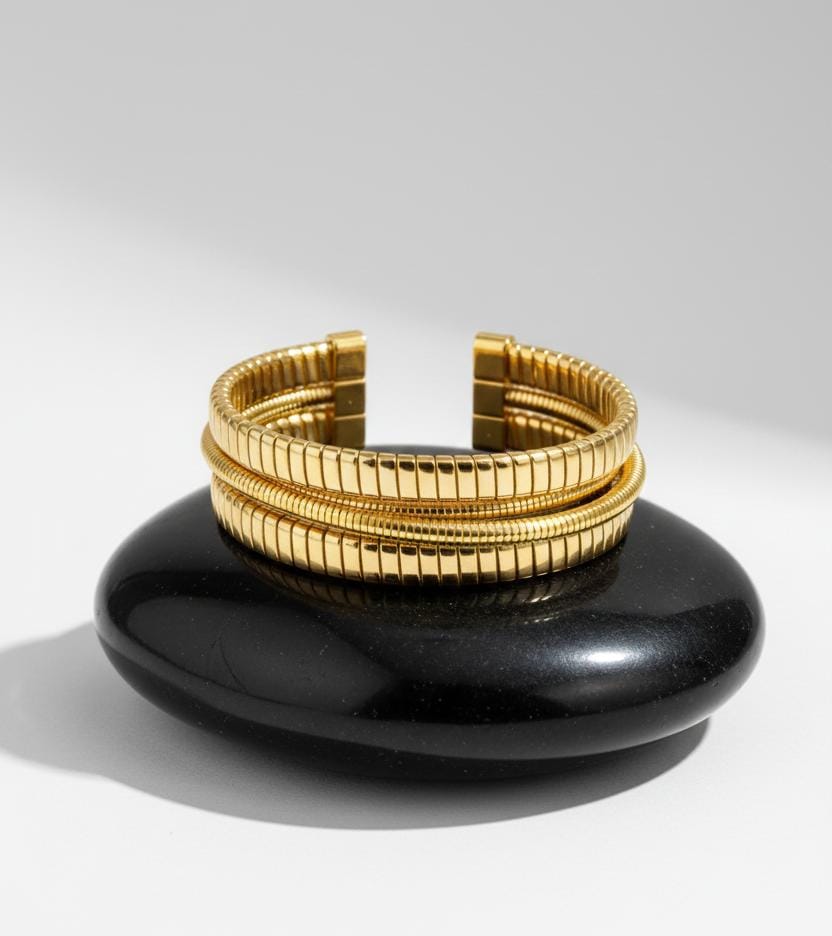 Ribbed Gold Finish Anti-Tarnish Cuff Bracelet