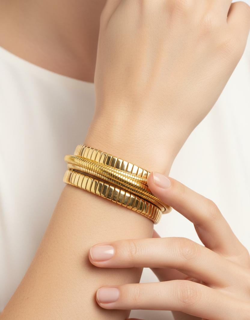 Ribbed Gold Finish Anti-Tarnish Cuff Bracelet