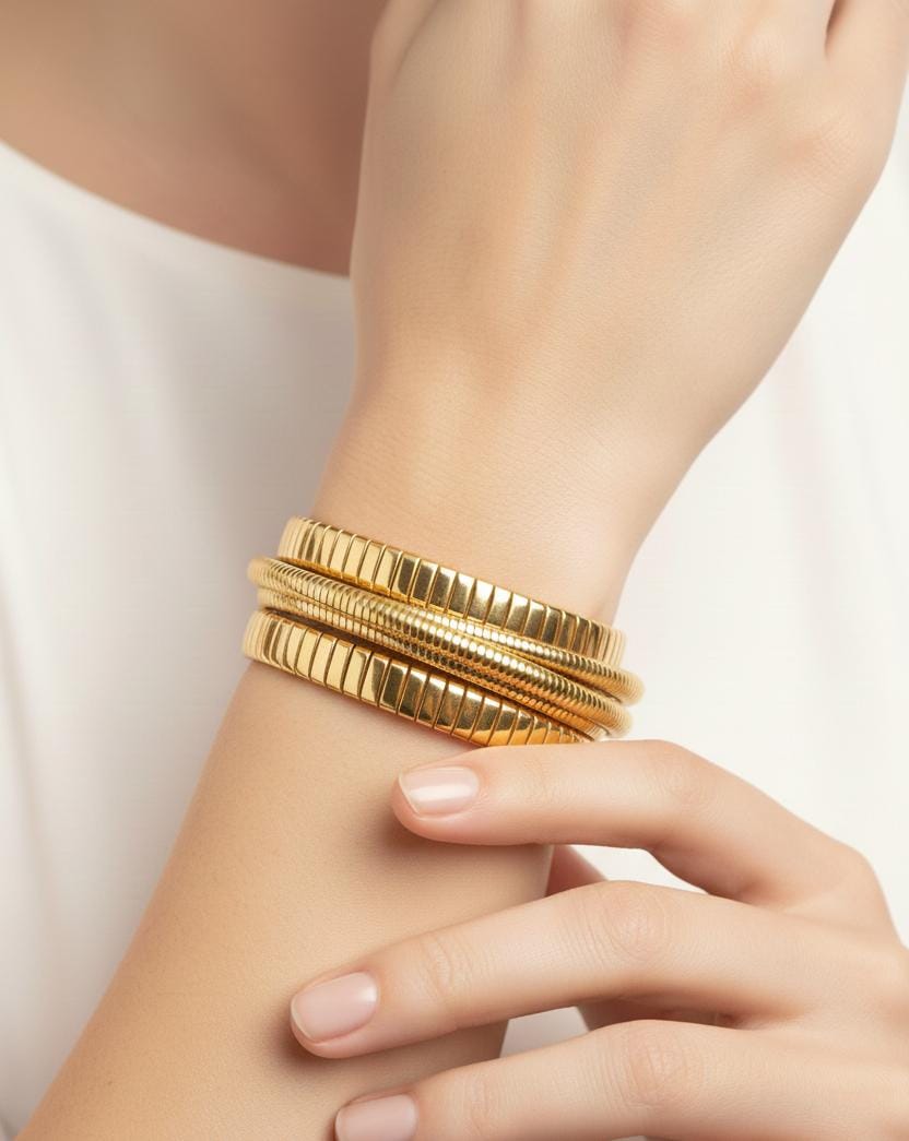 Ribbed Gold Finish Anti-Tarnish Cuff Bracelet