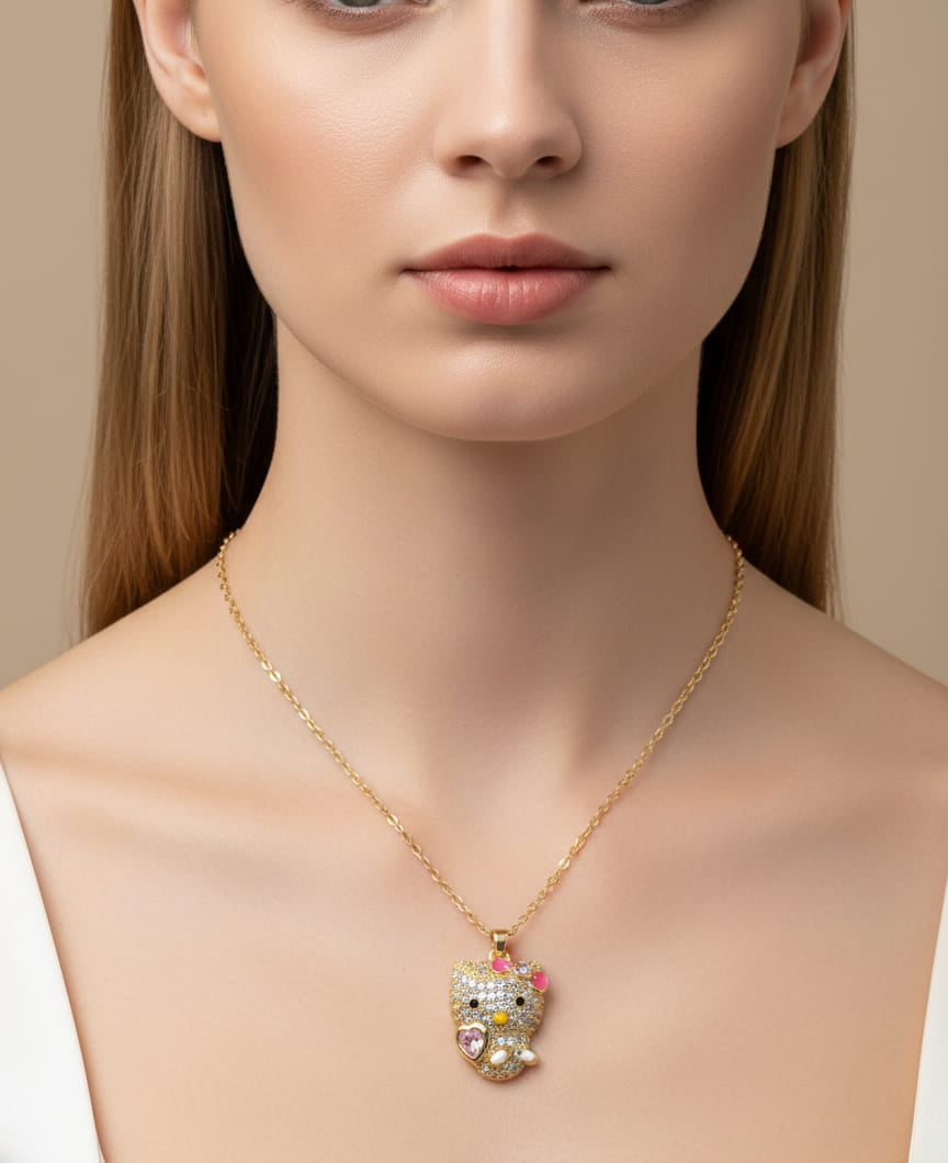 Close-up of a necklace with a colorful pendant on a model against a neutral background