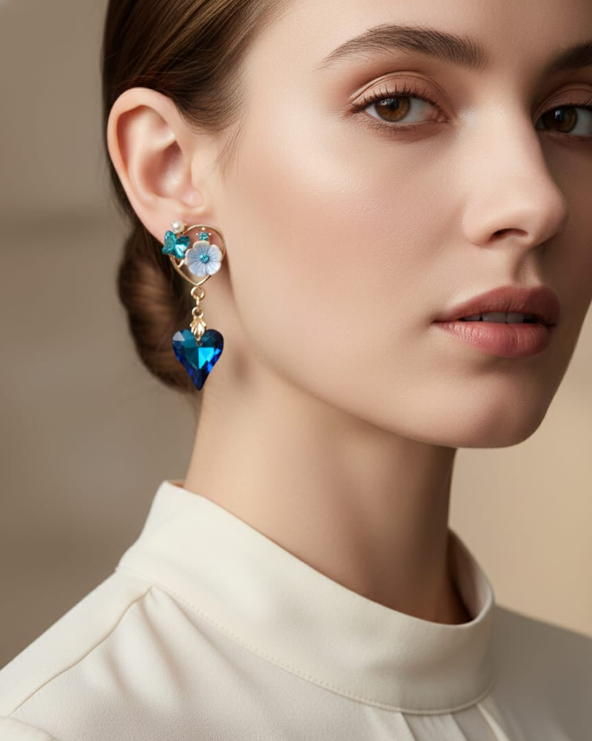 Close-up of a woman wearing heart-shaped earrings with blue gemstones against a neutral background