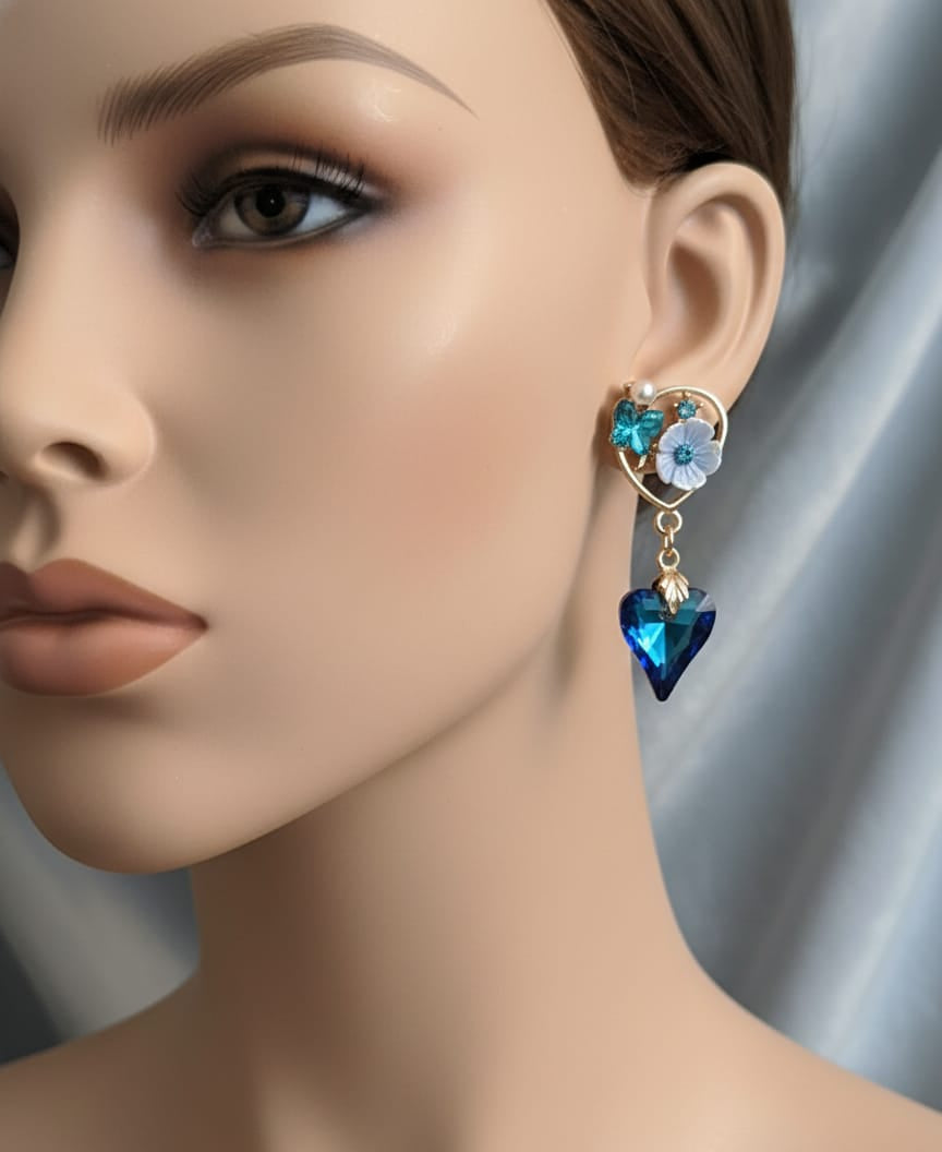 Azure Bloom Heart Drop Earrings