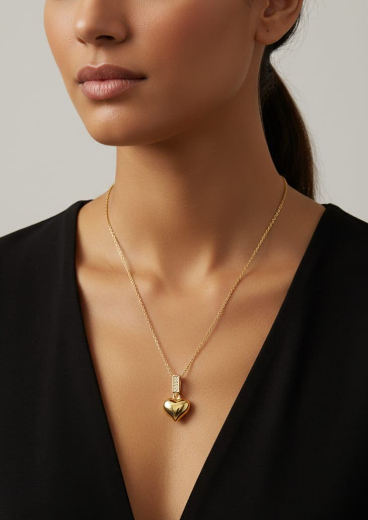 Woman wearing a gold necklace with a heart-shaped pendant against a neutral background