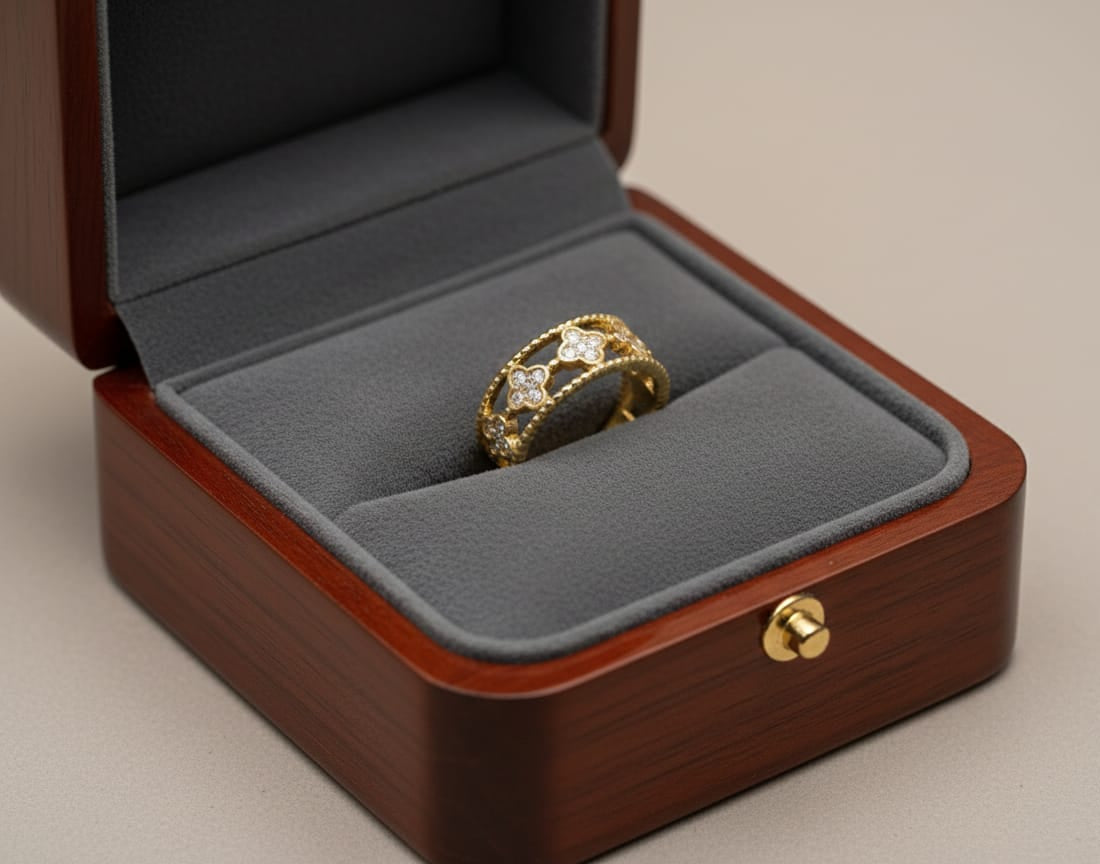 Gold ring with diamonds in a wooden jewelry box on a beige background