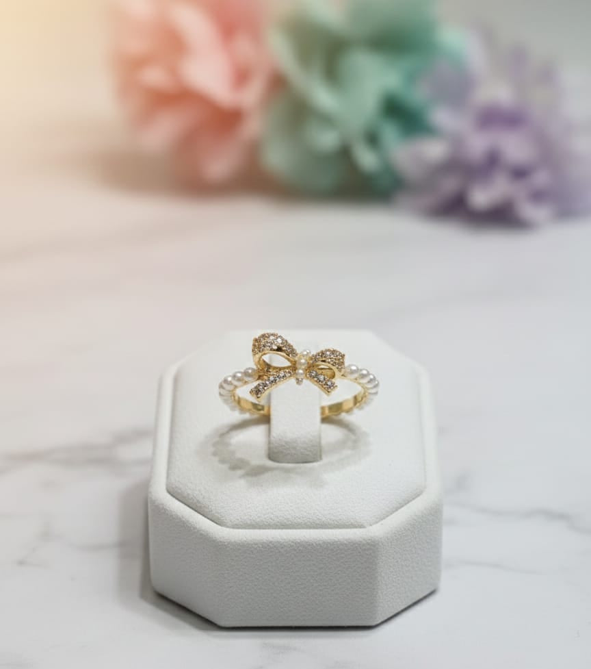 Gold bow-shaped ring on a white jewelry box with a blurred floral background