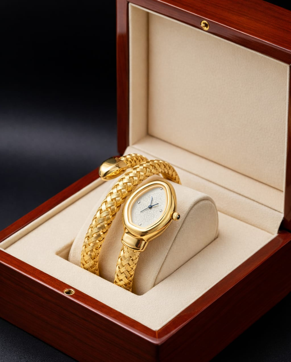 Gold watch and bracelet set in a wooden box on a dark background