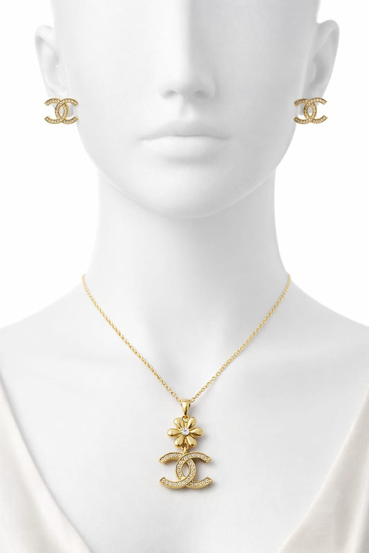 Luxury Gold-Tone Logo Earrings & Necklace Combo Set