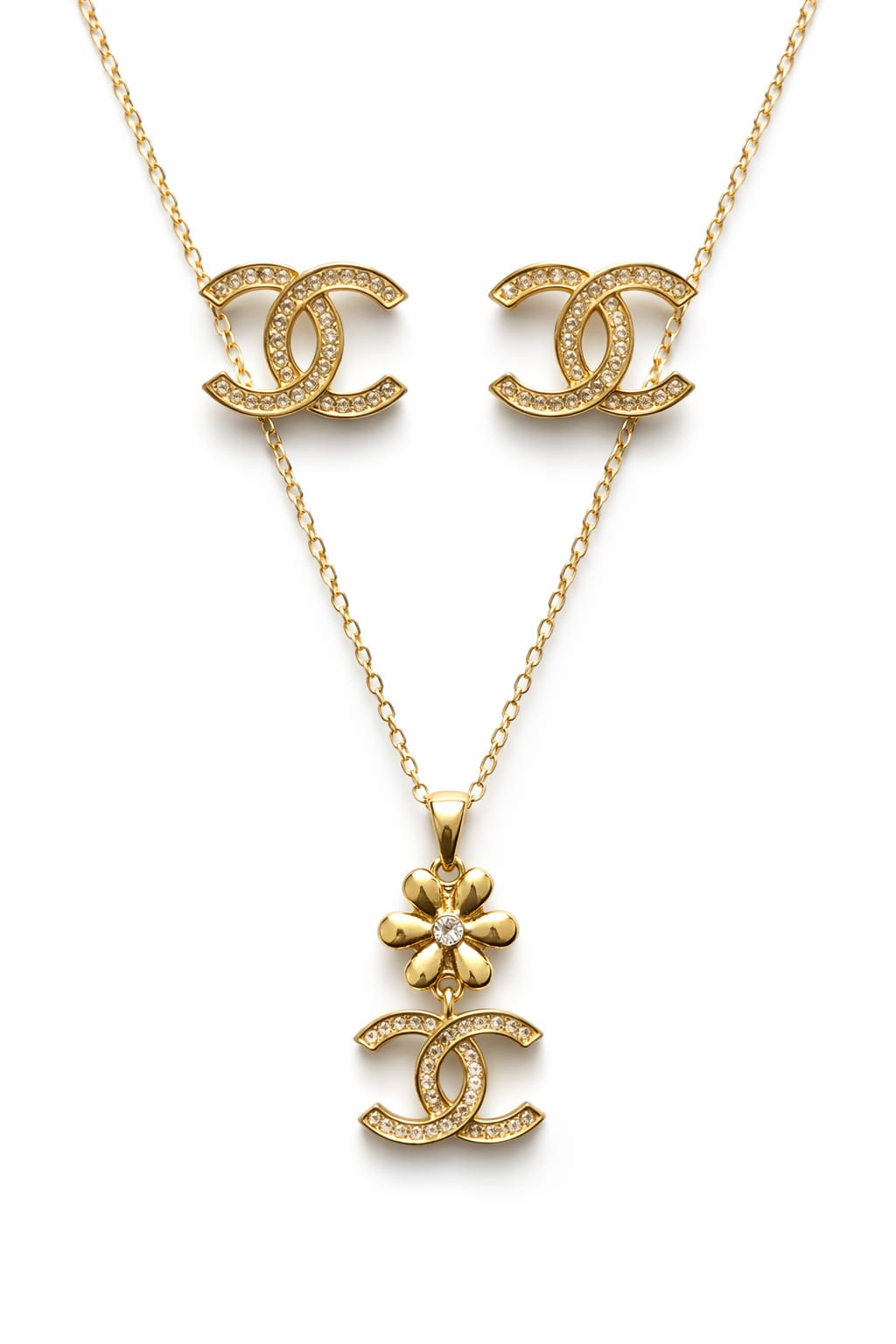 Luxury Gold-Tone Logo Earrings & Necklace Combo Set