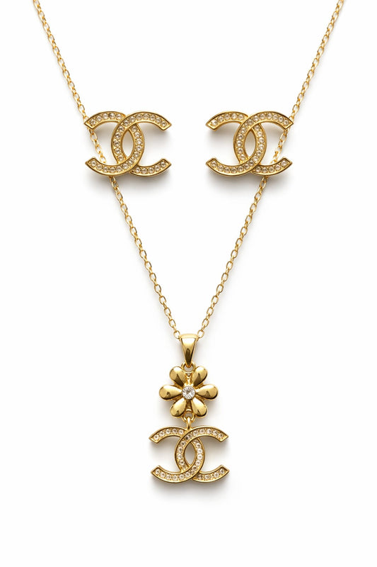 Luxury Gold-Tone Logo Earrings & Necklace Combo Set