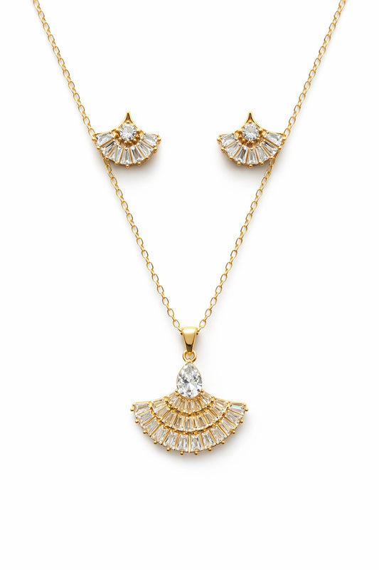 Elegant Gold-Tone Crystal Fan Earrings & Necklace Combo Set