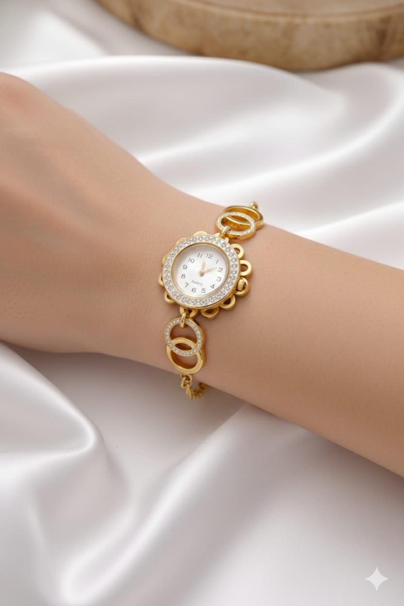 Elara Crystal Halo Watch Bracelet – Anti Tarnish Gold Adjustable