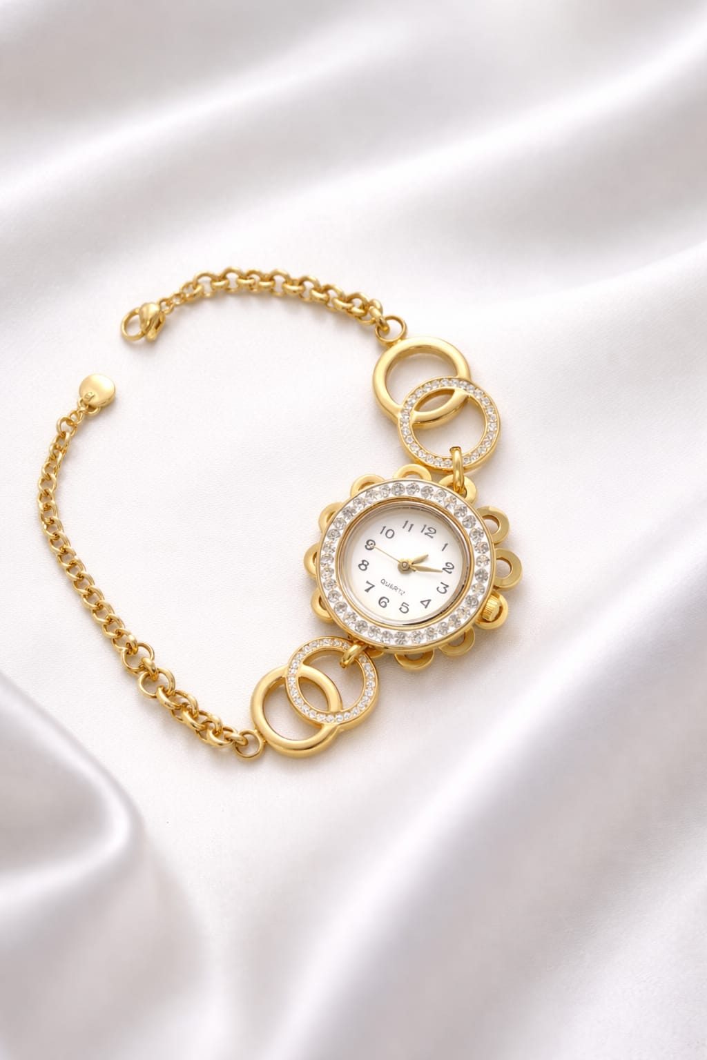 Elara Crystal Halo Watch Bracelet – Anti Tarnish Gold Adjustable