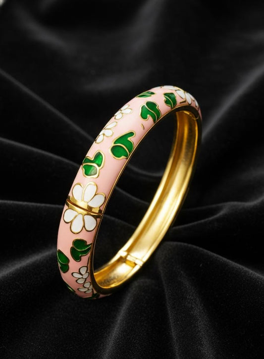 Floria Pink Floral Enamel Gold Openable Bangle