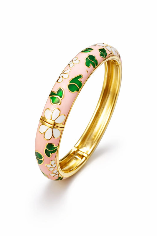 Floria Pink Floral Enamel Gold Openable Bangle
