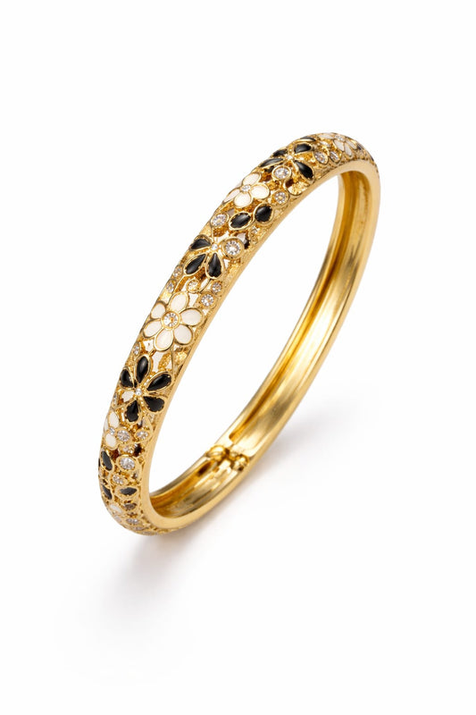 Noir Blossom Crystal Gold Openable Bangle – Sleek Floral Hinged Bracelet