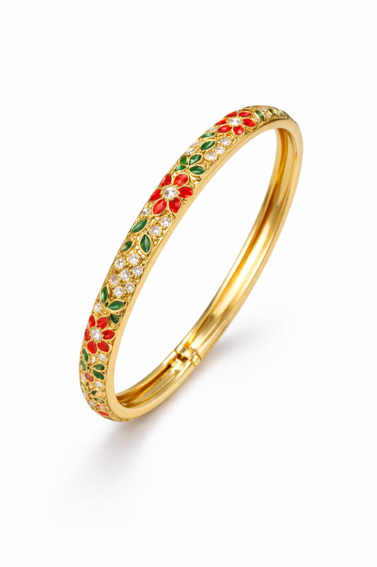 Rivana Red & Green Floral Gold Openable Bangle